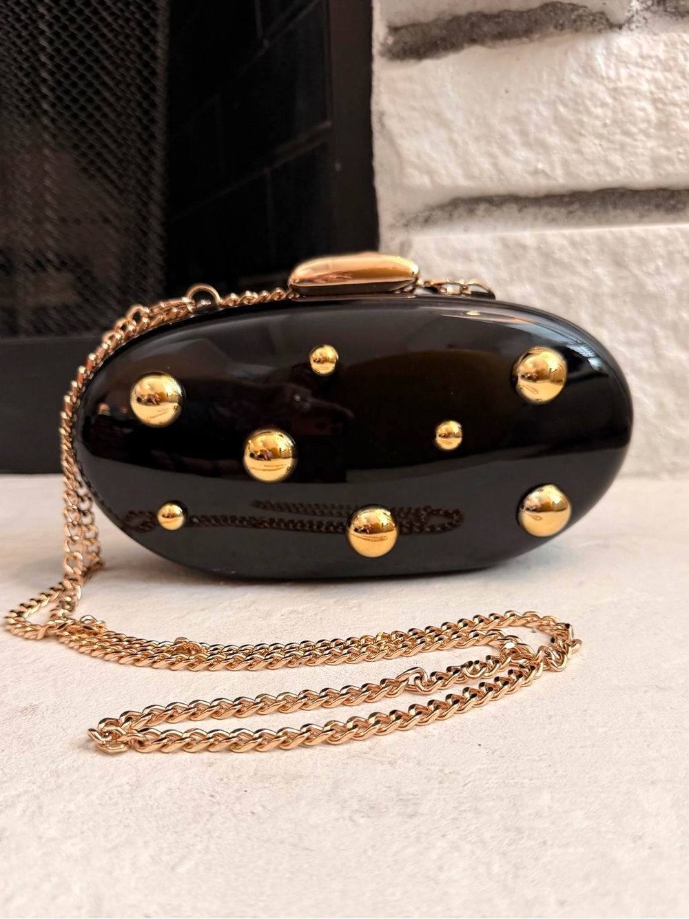 A New Day Black Acrylic Hard Shell Clutch Gold Stud Minaudiere Bag
